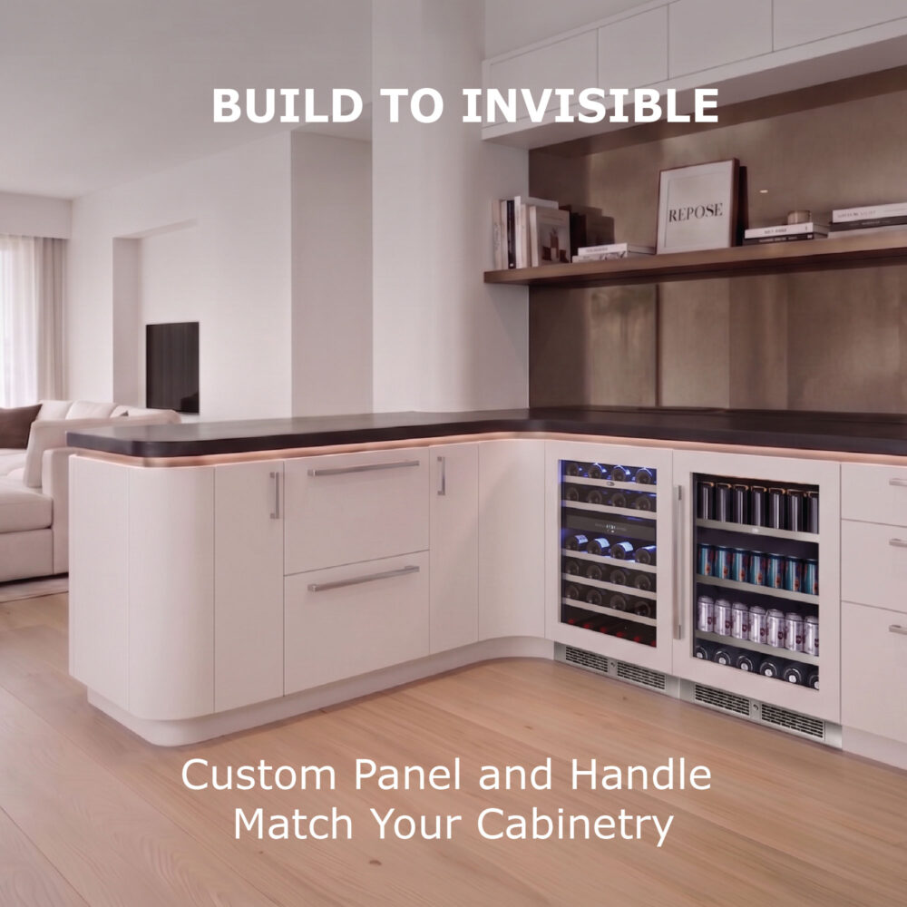 Modern kitchen counter featuring built-in beverage appliances integrated flush into white curved lower cabinetry with the text "Build to Invisible: Custom Panel and Handle Match Your Cabinetry