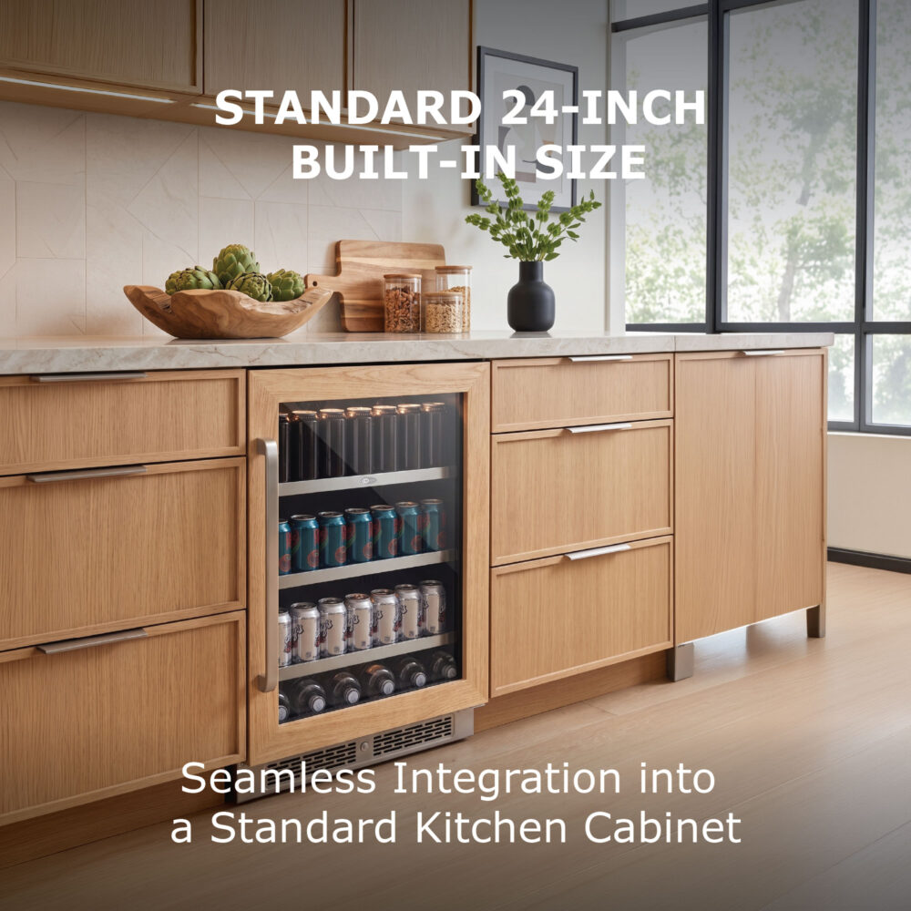 Under-counter wine cooler with a matching light oak wood frame integrated into natural oak kitchen cabinets, labeled "Standard 24-Inch Built-In Size.