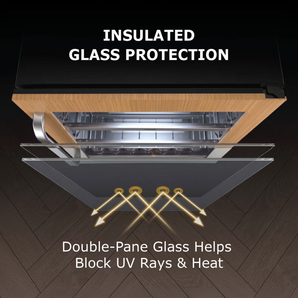 Top-down angled rendering showing the exploded double-pane glass door of the cooler deflecting thermal and UV radiation, labeled "Insulated Glass Protection.