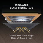 Top-down angled rendering showing the exploded double-pane glass door of the cooler deflecting thermal and UV radiation, labeled "Insulated Glass Protection.