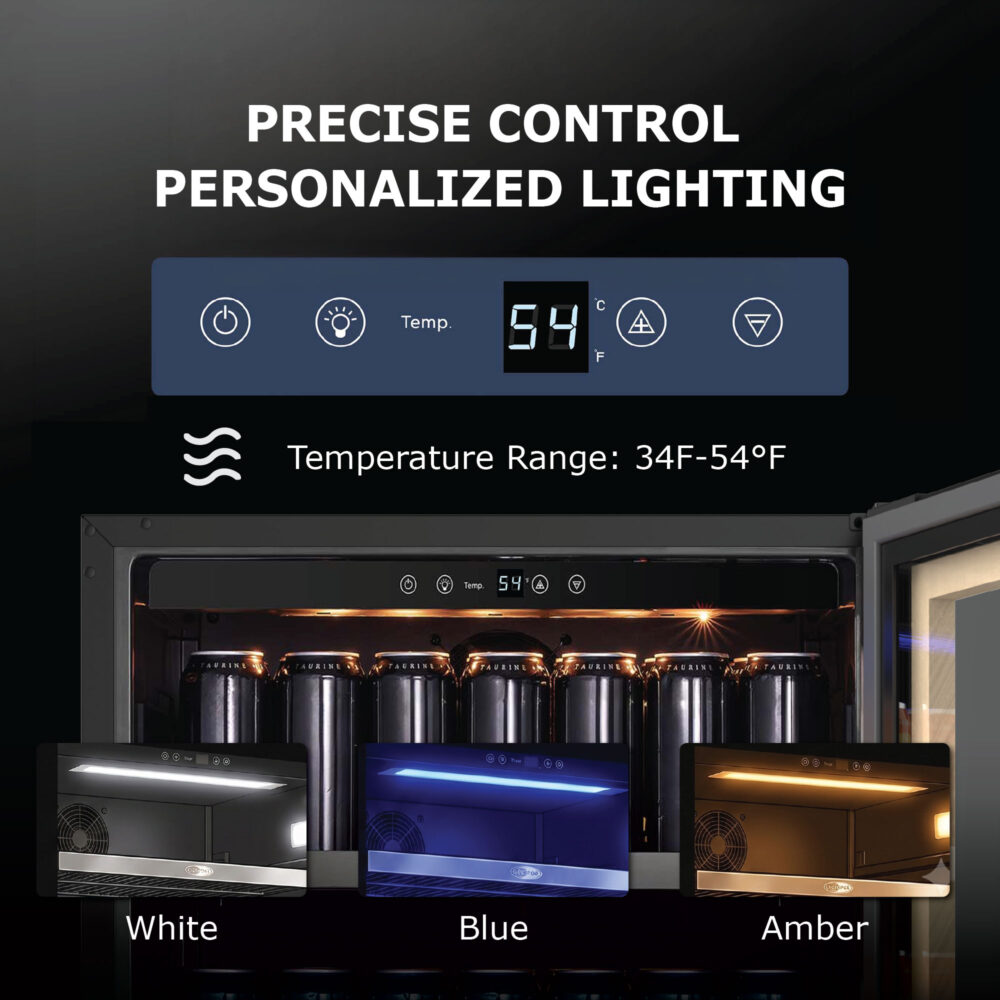 Close-up of the digital control panel showing temperature readout and adjustment buttons, paired with three preview insets displaying internal LED lighting options in white, blue, and amber.
