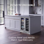 Built-in dual-zone beverage refrigerator installed under a kitchen island with white custom cabinetry panels and handles matching the surrounding kitchen decor.