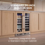 Panel-ready 24-inch dual-zone wine and beverage cooler seamlessly integrated flush into light natural wood base cabinets.
