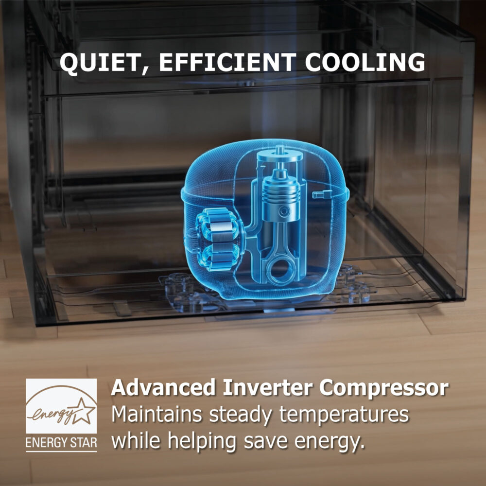 3D cutaway visualization highlighting the advanced inverter compressor within the cooler base, with Energy Star logo and quiet cooling text.