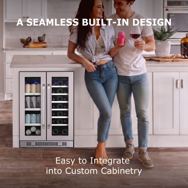 Couple enjoying drinks beside a 24-inch dual-zone beverage and wine cooler installed into a white kitchen island.