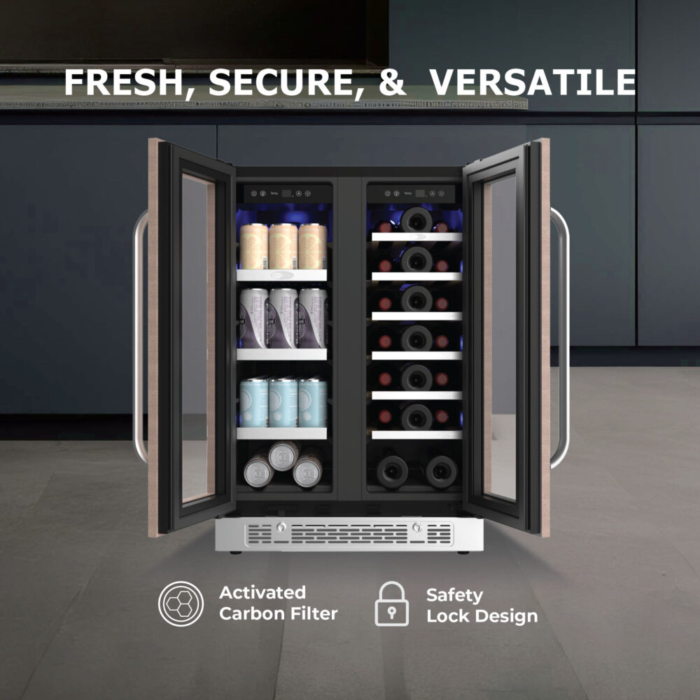 Open French doors of the beverage refrigerator displaying interior shelves, beverage cans, wine bottles, and icons denoting activated carbon filters and safety locks.