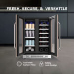 Open French doors of the beverage refrigerator displaying interior shelves, beverage cans, wine bottles, and icons denoting activated carbon filters and safety locks.