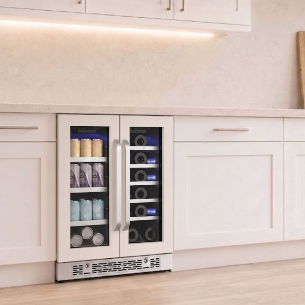 Built-in French door beverage cooler fitted with white door panels and stainless steel handles beneath a light marble countertop.