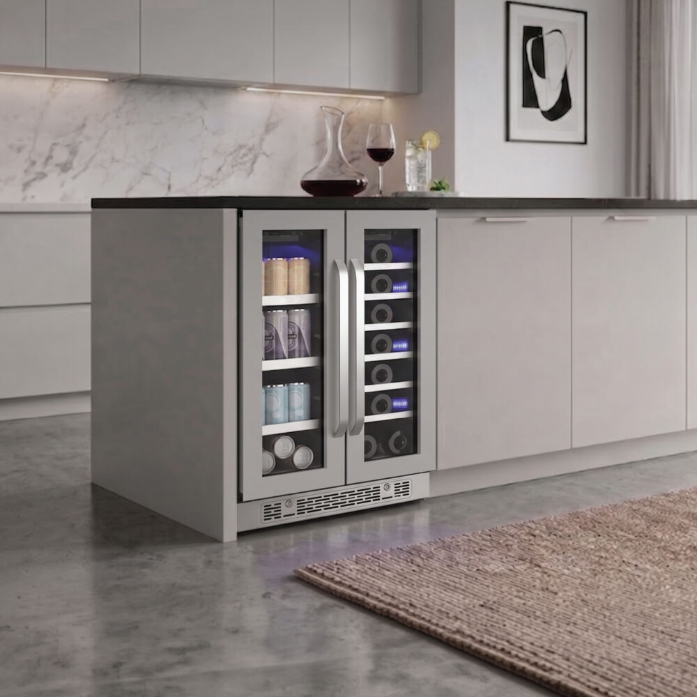 Stainless steel dual-zone beverage refrigerator integrated into a modern kitchen island with flat-panel gray cabinets.