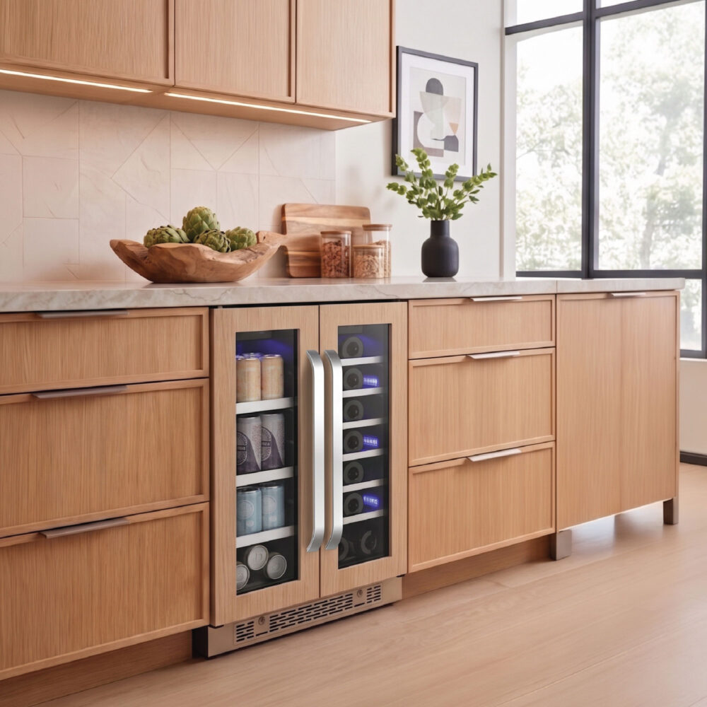 Dual-zone beverage center featuring wood-paneled door frames to match natural oak kitchen drawers and cabinetry.