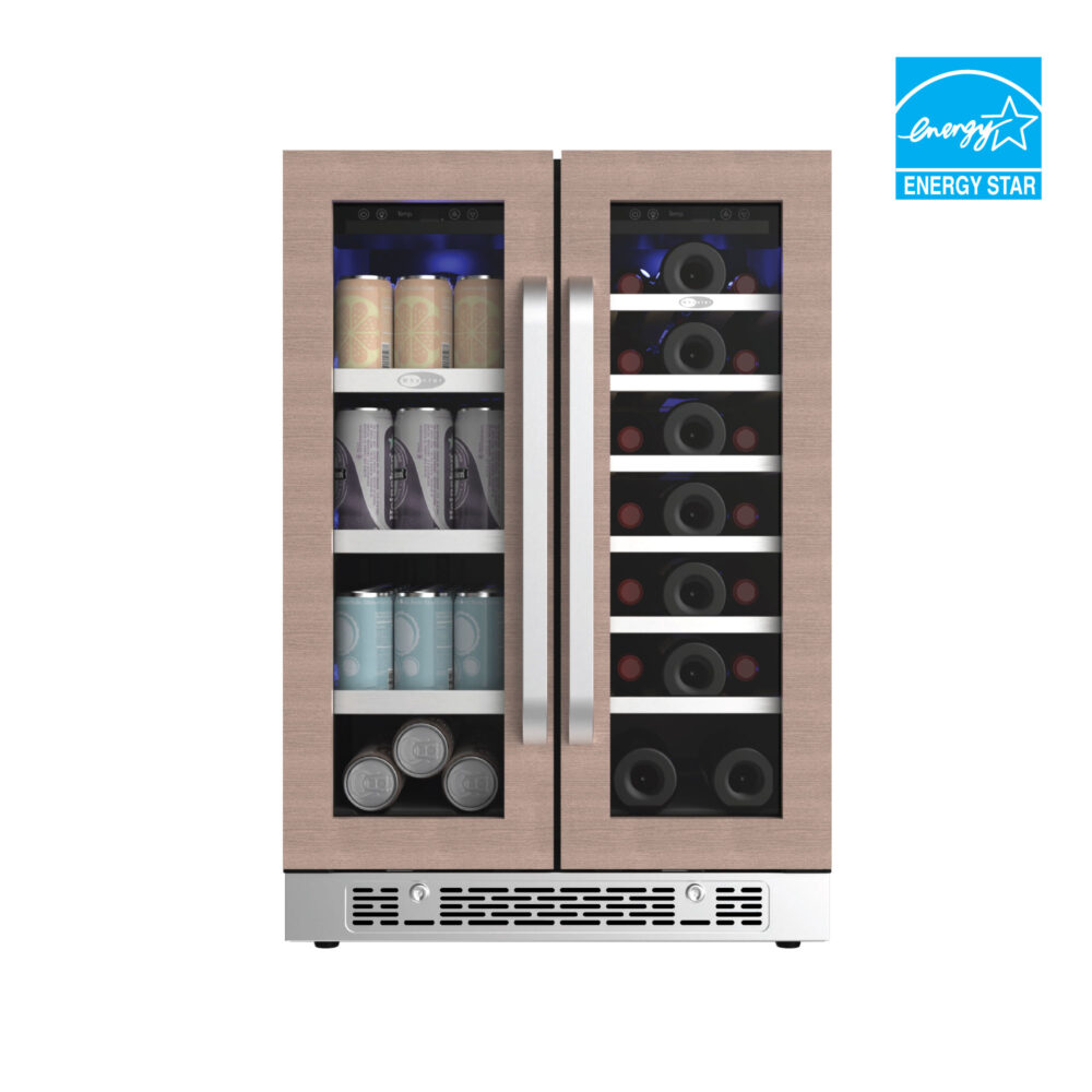 Front isolated view of the French door beverage and wine cooler with wood veneer trim, dual stainless handles, cans, and wine bottles.