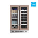 Front isolated view of the French door beverage and wine cooler with wood veneer trim, dual stainless handles, cans, and wine bottles.