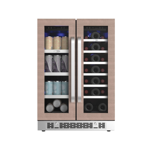 Front isolated view of the French door beverage and wine cooler with wood veneer trim, dual stainless handles, cans, and wine bottles.