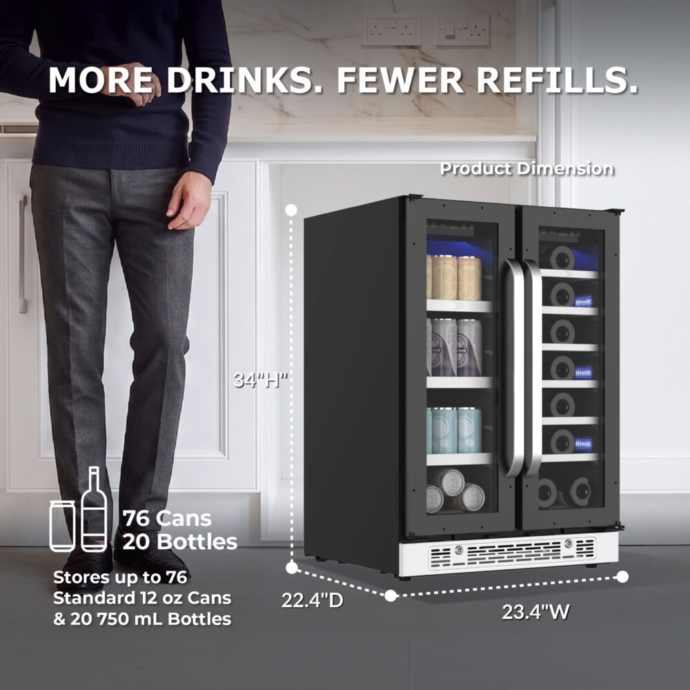 Dimension graphic showing the cooler measuring 34 inches high, 23.4 inches wide, and 22.4 inches deep, highlighting capacity for 76 cans and 20 bottles.