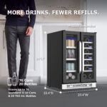 Dimension graphic showing the cooler measuring 34 inches high, 23.4 inches wide, and 22.4 inches deep, highlighting capacity for 76 cans and 20 bottles.