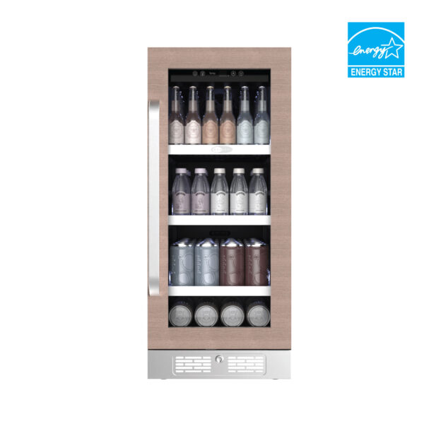 Front view of a built-in beverage refrigerator with a wood-look door trim, glass window showing assorted bottles and cans on multiple shelves, front-venting kickplate, and Energy Star certification logo.