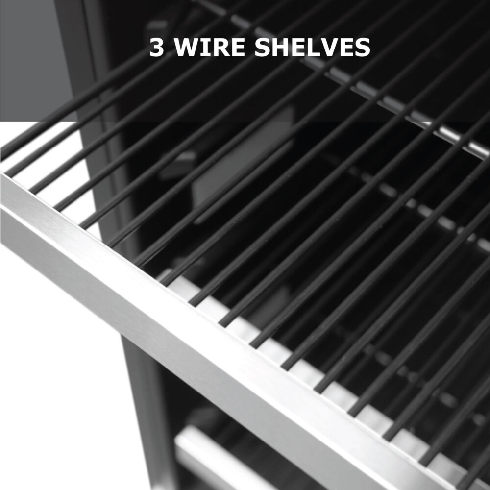 Close-up view of the interior sliding wire shelves featuring black wire racks with sleek brushed stainless steel front trim.