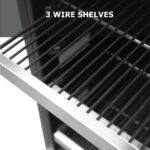 Close-up view of the interior sliding wire shelves featuring black wire racks with sleek brushed stainless steel front trim.