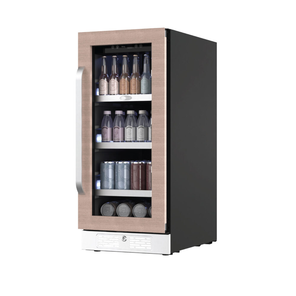 15" Beverage refrigerator with a wood-look door trim, glass window showing assorted bottles and cans on multiple shelves, front-venting kickplate, and Energy Star certification.