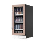 15" Beverage refrigerator with a wood-look door trim, glass window showing assorted bottles and cans on multiple shelves, front-venting kickplate, and Energy Star certification.