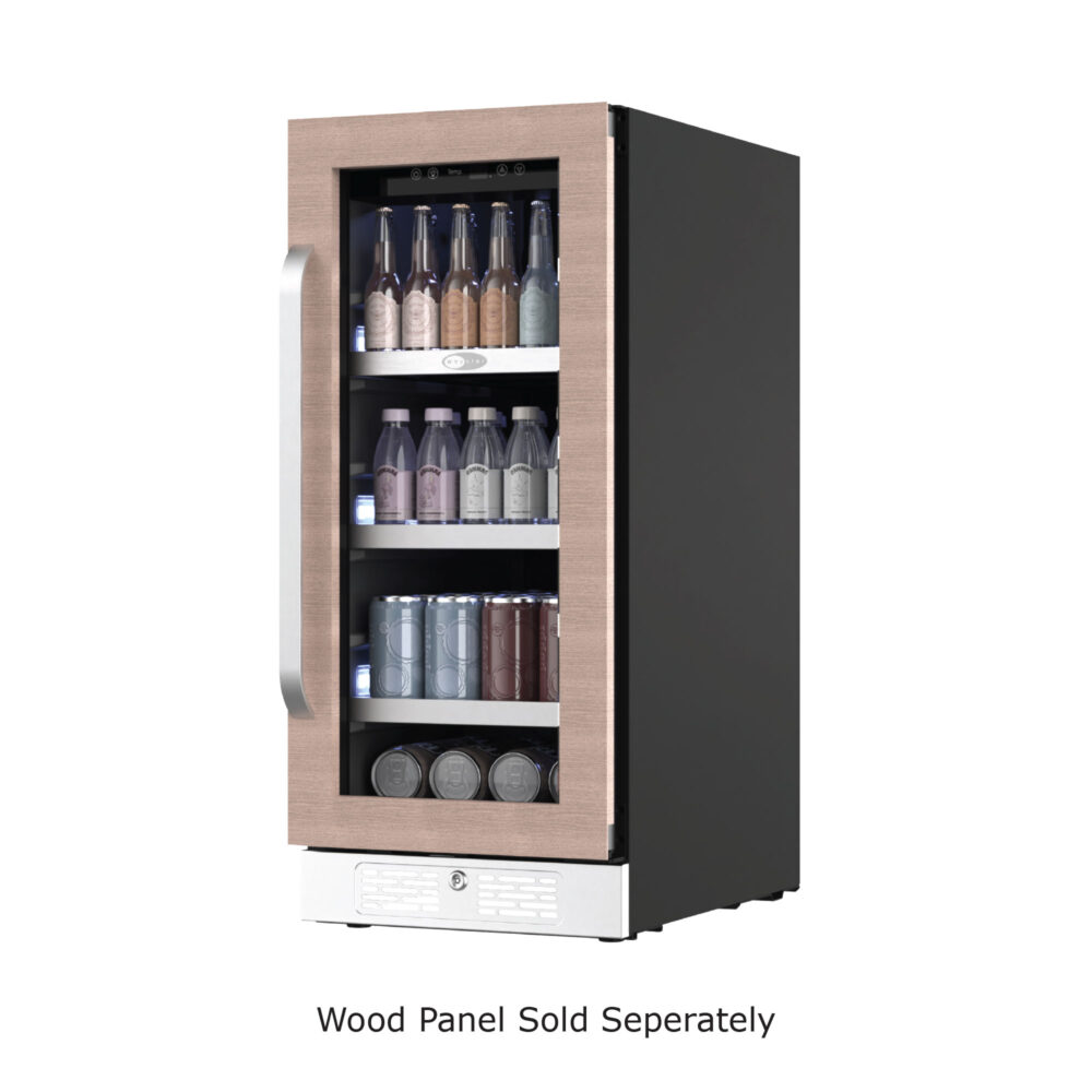 Front view of a built-in beverage refrigerator with a wood-look door trim, glass window showing assorted bottles and cans on multiple shelves, front-venting kickplate, and Energy Star certification.
