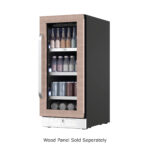 Front view of a built-in beverage refrigerator with a wood-look door trim, glass window showing assorted bottles and cans on multiple shelves, front-venting kickplate, and Energy Star certification.