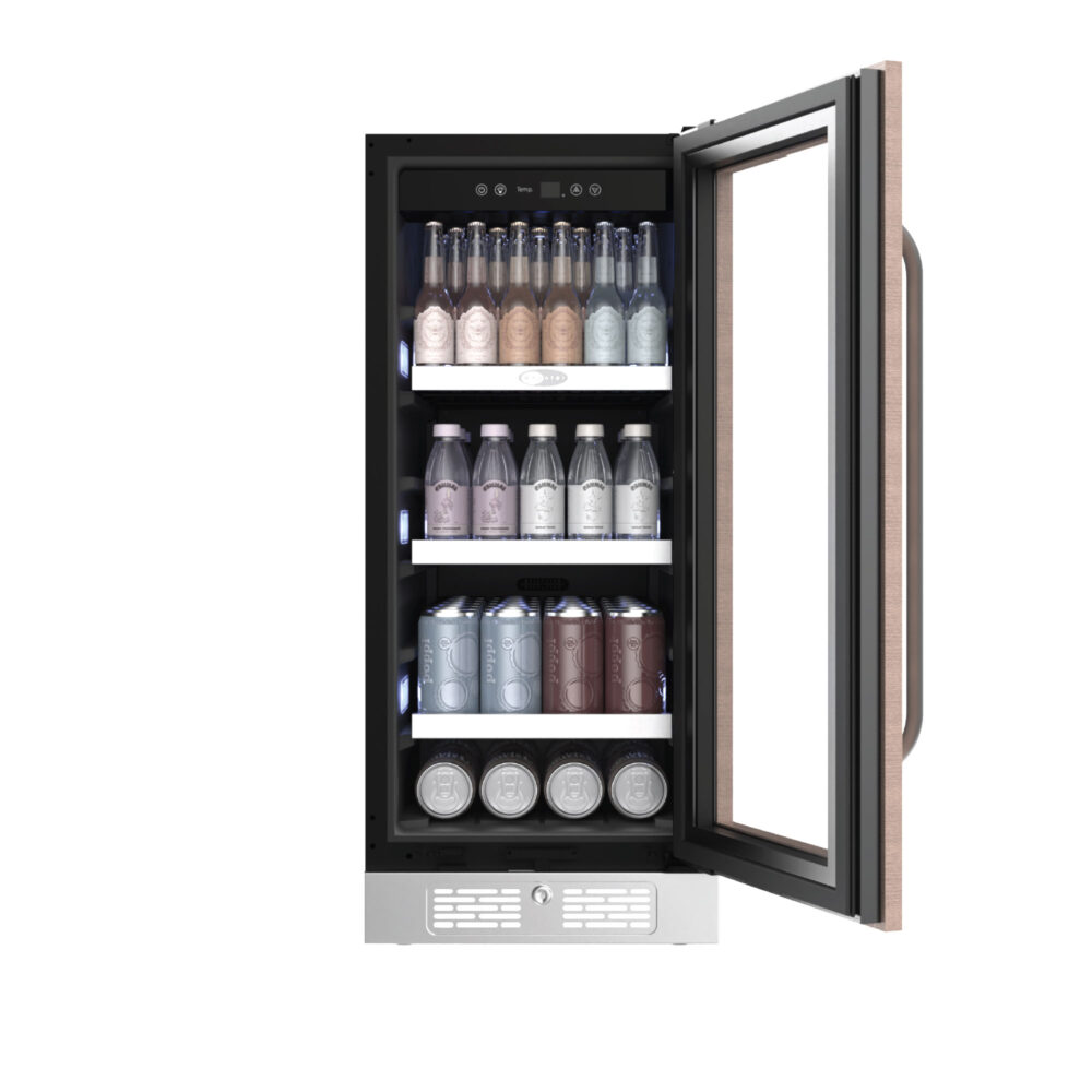 15" Beverage refrigerator with a wood-look door trim, glass window showing assorted bottles and cans on multiple shelves, front-venting kickplate, and Energy Star certification.