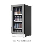 Front view of a built-in beverage refrigerator with a wood-look door trim, glass window showing assorted bottles and cans on multiple shelves, front-venting kickplate, and Energy Star certification.