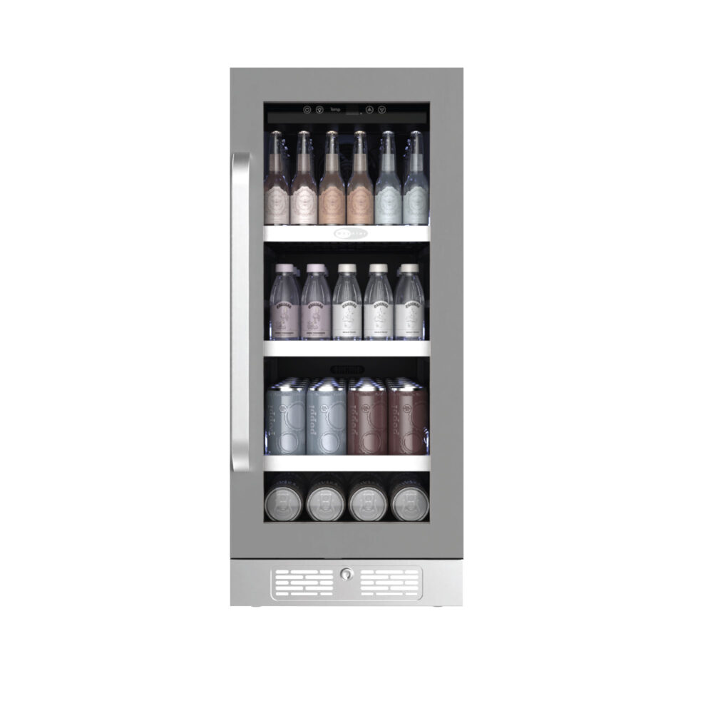 15" Beverage refrigerator with a wood-look door trim, glass window showing assorted bottles and cans on multiple shelves, front-venting kickplate, and Energy Star certification.