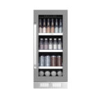 15" Beverage refrigerator with a wood-look door trim, glass window showing assorted bottles and cans on multiple shelves, front-venting kickplate, and Energy Star certification.