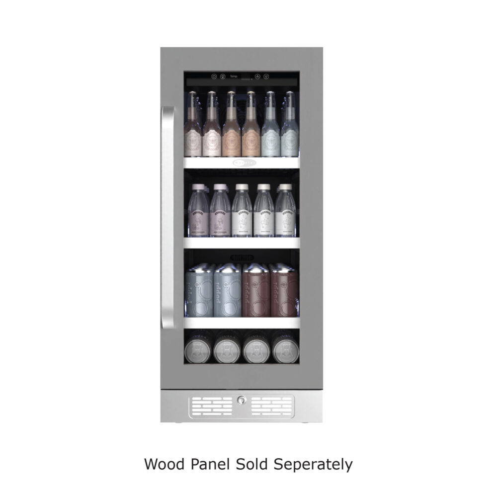 Front view of a built-in beverage refrigerator with a wood-look door trim, glass window showing assorted bottles and cans on multiple shelves, front-venting kickplate, and Energy Star certification.