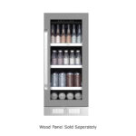 Front view of a built-in beverage refrigerator with a wood-look door trim, glass window showing assorted bottles and cans on multiple shelves, front-venting kickplate, and Energy Star certification.