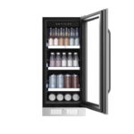 15" Beverage refrigerator with a wood-look door trim, glass window showing assorted bottles and cans on multiple shelves, front-venting kickplate, and Energy Star certification.