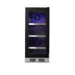 15" Beverage refrigerator showing assorted bottles and cans on multiple shelves, front-venting kickplate, and Energy Star certification.