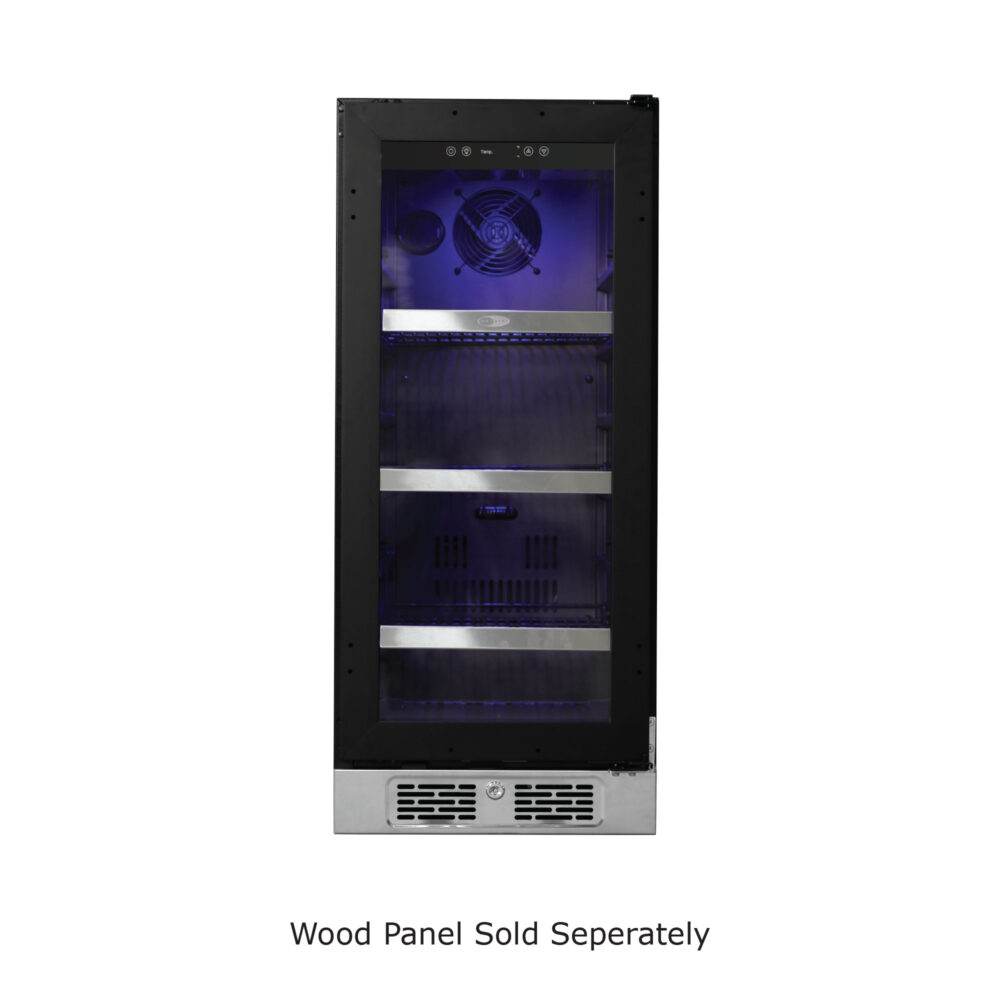 Front view of a built-in beverage refrigerator with a wood-look door trim, glass window showing assorted bottles and cans on multiple shelves, front-venting kickplate, and Energy Star certification.