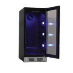 15" Beverage refrigerator showing assorted bottles and cans on multiple shelves, front-venting kickplate, and Energy Star certification.