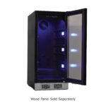 Front view of a built-in beverage refrigerator with a wood-look door trim, glass window showing assorted bottles and cans on multiple shelves, front-venting kickplate, and Energy Star certification.