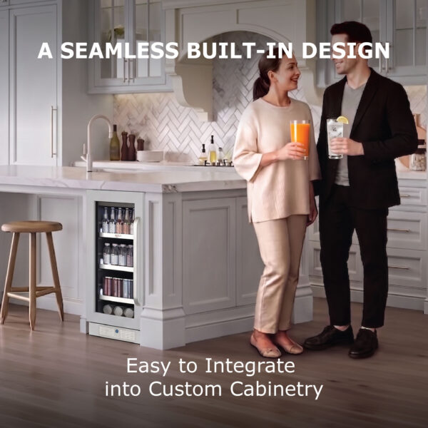 A man and woman holding drinks while standing in a modern kitchen next to a custom panel-ready beverage refrigerator built into the kitchen island.