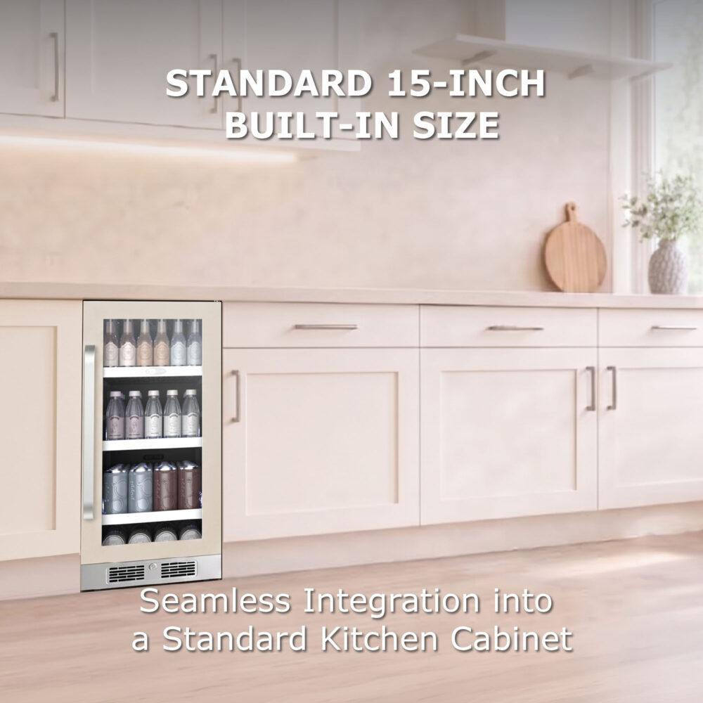 Beverage refrigerator with a stainless steel handle installed flush under a wooden kitchen countertop between white cabinets, highlighting its standard 15-inch built-in size.
