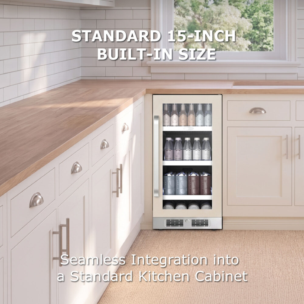 Beverage refrigerator with a stainless steel handle installed flush under a wooden kitchen countertop between white cabinets, highlighting its standard 15-inch built-in size.