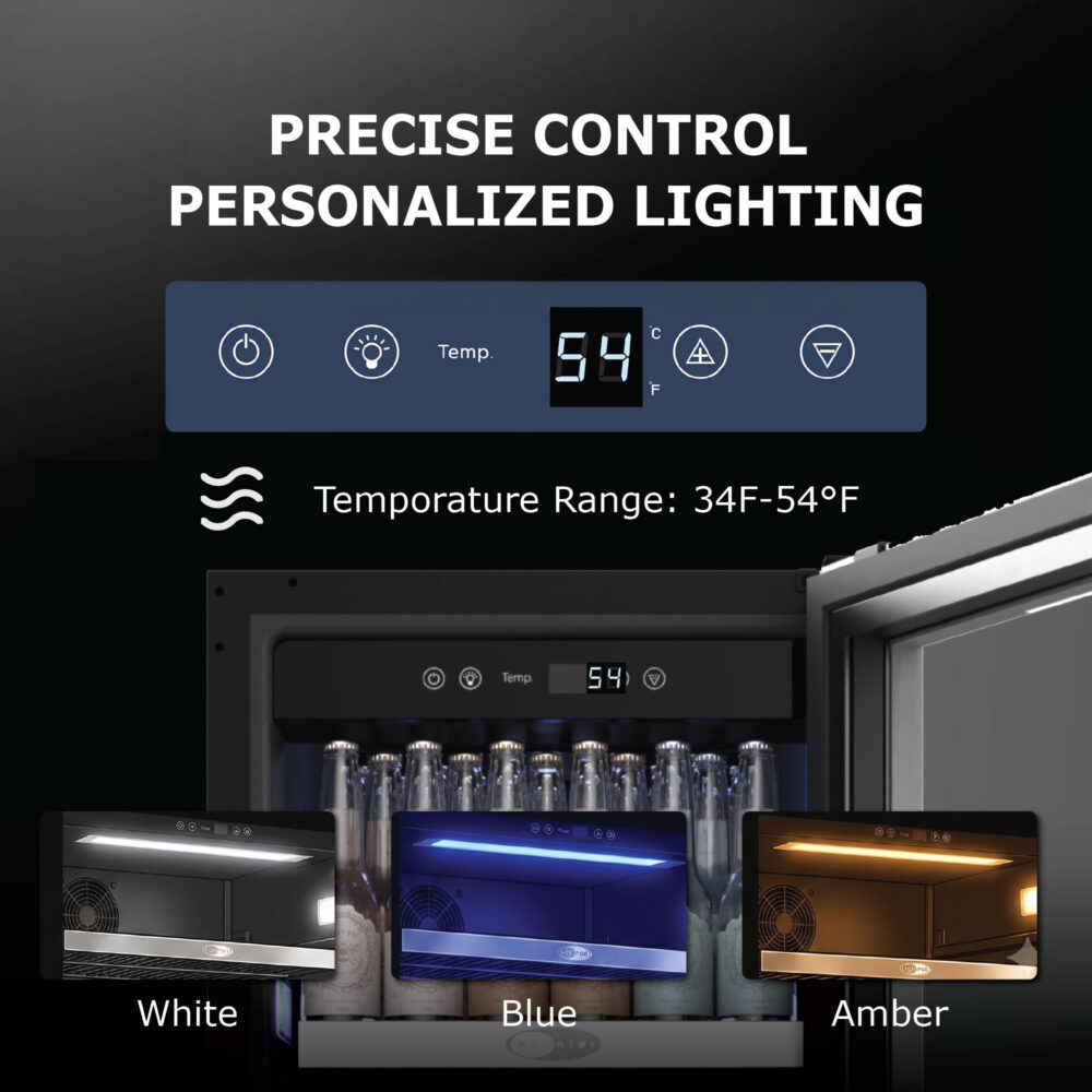 Digital touch control panel displaying temperature settings alongside examples of three interior LED lighting color options: white, blue, and amber.