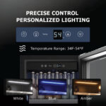 Digital touch control panel displaying temperature settings alongside examples of three interior LED lighting color options: white, blue, and amber.