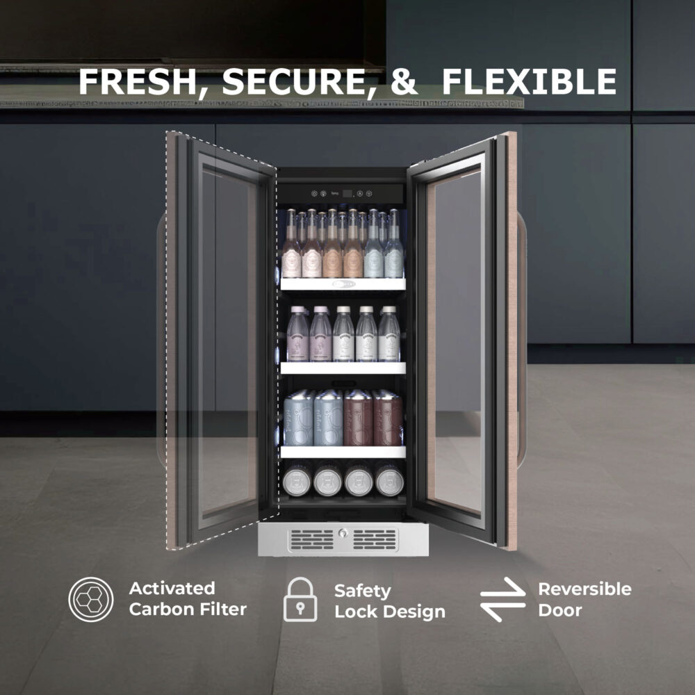Beverage refrigerator with reversible glass door opening from both sides, highlighting features including an activated carbon filter, safety door lock, and reversible hinge design.
