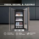 Beverage refrigerator with reversible glass door opening from both sides, highlighting features including an activated carbon filter, safety door lock, and reversible hinge design.