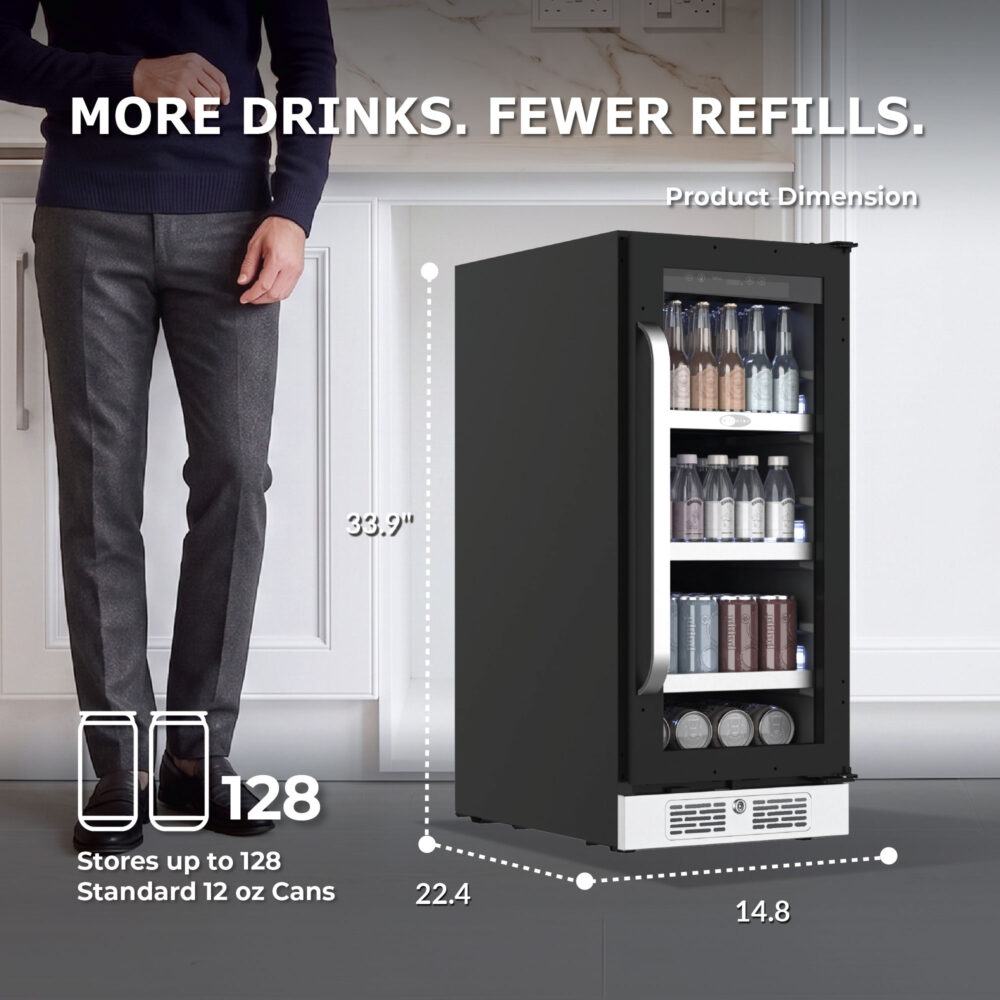 Beverage refrigerator standing next to a person, displaying exterior dimensions (33.9 inches high, 22.4 inches deep, 14.8 inches wide) and a maximum capacity icon showing up to 128 standard 12 oz cans.