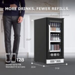 Beverage refrigerator standing next to a person, displaying exterior dimensions (33.9 inches high, 22.4 inches deep, 14.8 inches wide) and a maximum capacity icon showing up to 128 standard 12 oz cans.