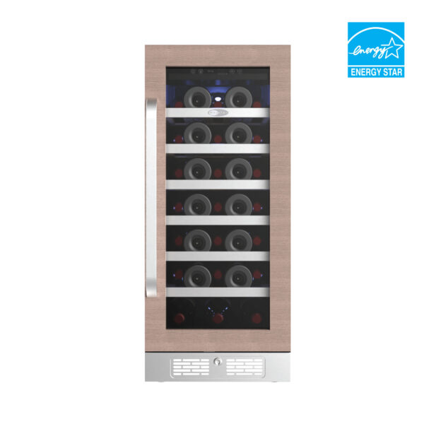 Front view of the Whynter PRW-330-WN single-zone wine refrigerator featuring a custom wood-panel-ready door frame, clear glass door, curved metal handle, front bottom ventilation grille with key lock, interior wine shelves filled with bottles, and an Energy Star logo in the top right corner.