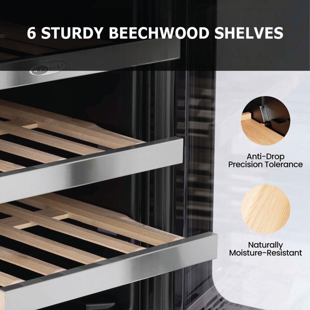 Close-up view of sliding beechwood shelves with stainless steel front trim, highlighting the anti-drop precision tolerance stops and naturally moisture-resistant wood construction under the title "6 STURDY BEECHWOOD SHELVES
