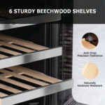 Close-up view of sliding beechwood shelves with stainless steel front trim, highlighting the anti-drop precision tolerance stops and naturally moisture-resistant wood construction under the title "6 STURDY BEECHWOOD SHELVES