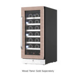 Front view of the Whynter PRW-330-WN single-zone wine refrigerator featuring a custom wood-panel-ready door frame, clear glass door, curved metal handle, front bottom ventilation grille with key lock, interior wine shelves filled with bottles